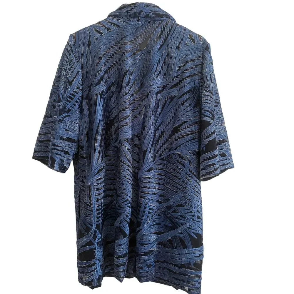 CHICO'S TRAVELERS Blue Whimsy Mesh Stripe Embroidered 3/4 Sleeve Jacket 4 26/28